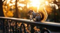 Squirrel perched on park railing during a beautiful sunset overlooking the landscape Royalty Free Stock Photo