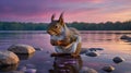 A Cute Squirrel Standing on Rocks by the Lake at Sunset with Reflection Royalty Free Stock Photo