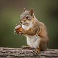 A squirrel perched on a textured tree branch holds an acorn. Its fur is a blend of gray Royalty Free Stock Photo