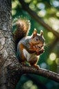Charming Red Squirrel Perched on Branch Enjoying a Nutty Snack Outdoors in Nature Royalty Free Stock Photo
