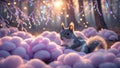 Adorable Grey Squirrel on Fluffy Purple Clouds in a Magical Winter Forest Royalty Free Stock Photo