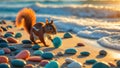 Adorable Red Squirrel Playing with Spiral Toy on Colorful Pebbles Beach at Sunset Royalty Free Stock Photo