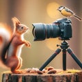 Squirrel Posing freeze in front of camera, while a little bird took the picture Royalty Free Stock Photo