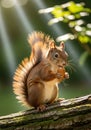 A squirrel, possibly Sciurus vulgaris, is perched on a moss-covered tree branch holding Royalty Free Stock Photo