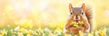 Squirrel with a pot of gold coins in a vibrant flower field Royalty Free Stock Photo