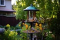 squirrel proof bird feeder on a garden pole Royalty Free Stock Photo