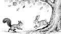Squirrel and Rabbit Playing Happily Under a Tree with Falling Leaves Royalty Free Stock Photo