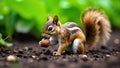 Squirrel raiding garden, hoarding nuts, causing mischief. A single squirrel with its head in a patch of dirt in a vibrant Royalty Free Stock Photo