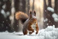 Squirrel running in the forest on a snowy winter day