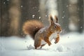 Squirrel running in the forest on a snowy winter day