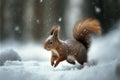 Squirrel running in the forest on a snowy winter day