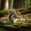 Squirrel (Sciurus carolinensis) is perched on a moss-covered log Royalty Free Stock Photo