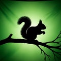 Of a squirrel (Sciurus) sitting on a tree branch against a vivid green Royalty Free Stock Photo