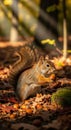A squirrel (Sciurus sp.) is standing on a forest floor covered with brown autumn Royalty Free Stock Photo