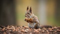 A cute squirrel sits on the ground covered in nuts and eats one Royalty Free Stock Photo