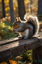 Squirrel Enjoying a Nutty Snack on a Wooden Bench in Autumn Park Royalty Free Stock Photo