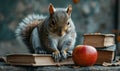 Squirrel Sitting on Book, Next to Apple, Naturalism in Action Royalty Free Stock Photo