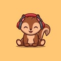 Squirrel Sitting Hearing Music Cute Creative Kawaii Cartoon Mascot Logo