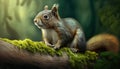 a squirrel is sitting on a mossy branch in a forest. generative ai