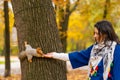 A squirrel sitting on a tree trunk takes nuts from a person`s hand in an autumn park Royalty Free Stock Photo