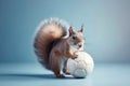 Squirrel with a Soccer Ball on Blue Background, Generative AI