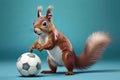 Squirrel with a Soccer Ball on Blue Background, Generative AI