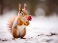 squirrel with sprig with pink fruit on the snow in the park. blurred background