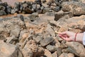 A squirrel standing on the rocks at the edge of the ocean waiting to receive a peanut from a girl Royalty Free Stock Photo