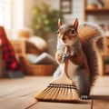 Squirrel standing in room holding small broom Royalty Free Stock Photo