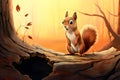 Squirrel standing in a tree in front of a tree hollow, daylight cartoon by Generative AI Royalty Free Stock Photo