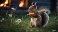 Adorable Red Squirrel Eating Nut Near Bonfire at Dusk Royalty Free Stock Photo