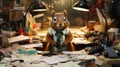 A squirrel in a tie sitting at his desk with papers and pens, AI Royalty Free Stock Photo
