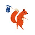 Squirrel Travelling with Bundle on Stick, Animal Character Having Hiking Adventure Travel or Camping Trip Vector