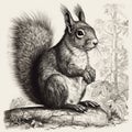 Squirrel on a tree, engraving style, close up portrait, black and white drawing,