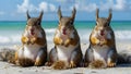 Squirrel Trio Enjoying Seaside Serenity. Concept Animal Photography, Coastal Wildlife, Relaxing