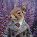 Squirrel in a tweed suit, vibrant, surreal, against lavender background, morning light, close-up