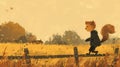 A Squirrel Walking on Fence in Autumn Field Royalty Free Stock Photo