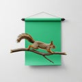 A squirrel is walking on a thin branch placed against a bright green backdrop Royalty Free Stock Photo