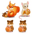 Squirrel with walnut, mouse with musical trumpet and hamsters with biscuits. Fairy animals