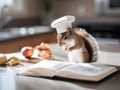 A squirrel wearing a chef's hat sitting next to an open book. AI generative image. Royalty Free Stock Photo