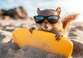 A squirrel wearing cool sunglasses and riding a surfboard is a funny sight on the beach Royalty Free Stock Photo