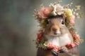 squirrel wearing a crown of floral fresh pastel spring wreath flowers