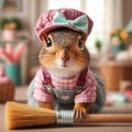 Squirrel wearing cute clothes with small broom