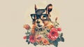 A squirrel wearing glasses and flowers on a background, AI