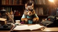 A squirrel wearing glasses and a sweater standing in front of an open book, AI Royalty Free Stock Photo