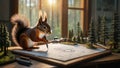 Squirrel architect designing new housing project with miniature trees model Royalty Free Stock Photo