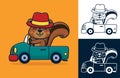 Squirrel wearing hat while driving car. Vector cartoon illustration in flat icon style Royalty Free Stock Photo