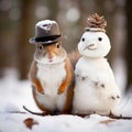 A squirrel wearing a hat and a snowman, AI