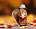 a squirrel wearing a hat and vest in the fall