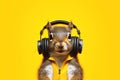 squirrel wearing headphones over yellow background.